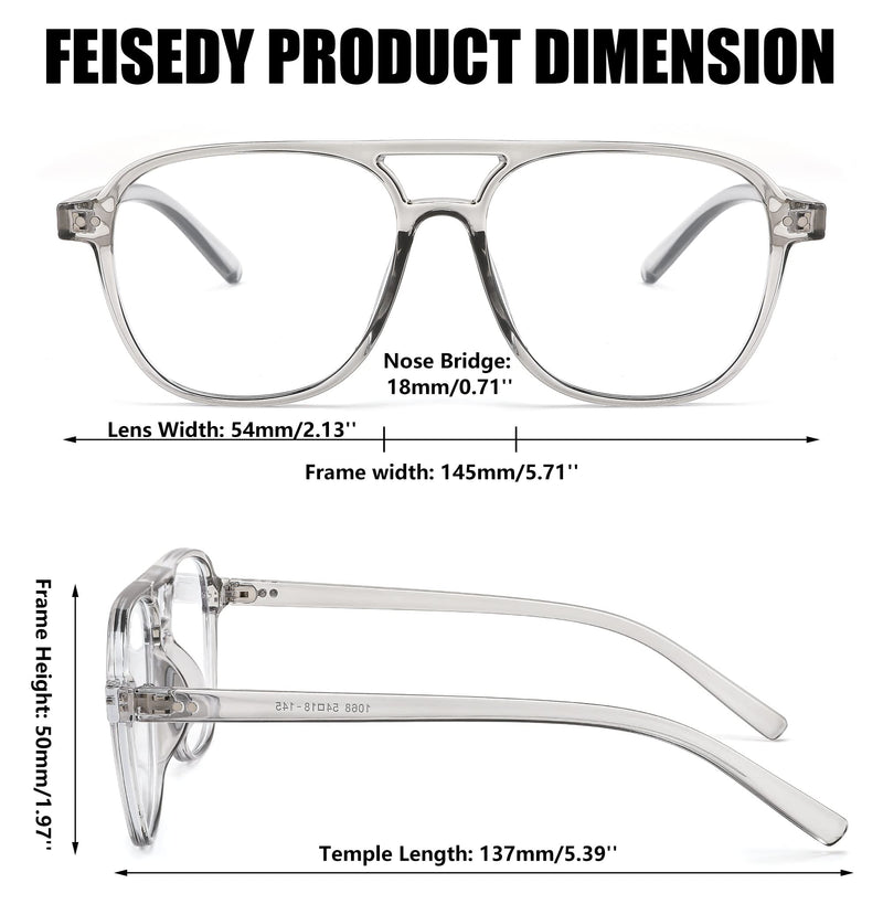 FEISEDY 70s Pilot Glasses Frame Blue Light Blocking Glasses Oversized Square Computer Glasses Women Men B2387 Clear Grey Frame 54 Millimeters