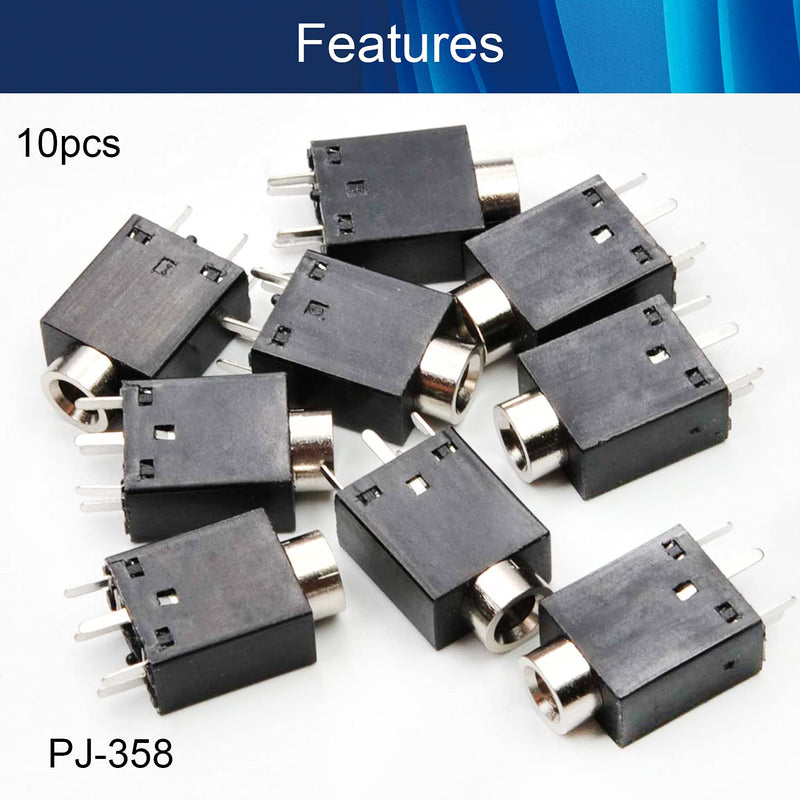 Fielect 10Pcs PCB Mount 3.5mm 5Pin Socket Headphone Stereo Jack Audio Video Connector PJ-358 Black