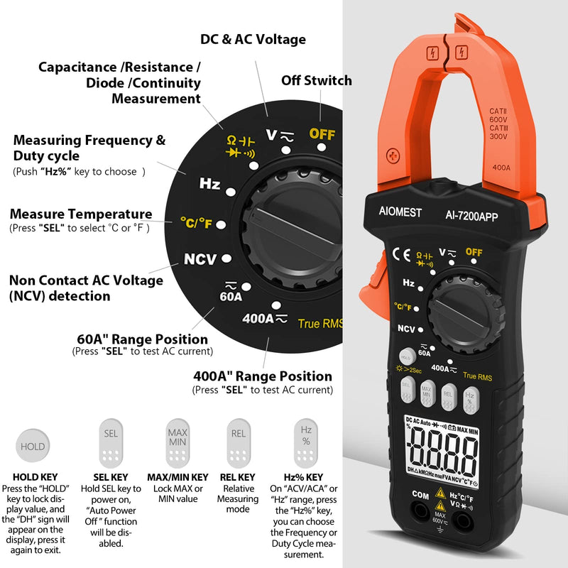Digital Clamp Multimeter, AC DC Amp Volt Ohm Clamp-on Meter with Bluetooth APP, Intelligent DMM AN-7200APP Tester for Voltage Current Resistance Capacitance Hz Temp Diode Continuity Buzzer with Lamp