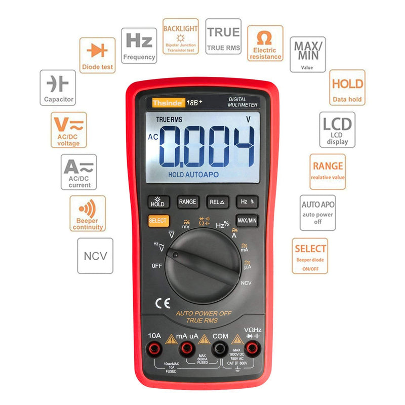 Auto Ranging Digital Multimeter TRMS 6000 with Battery Alligator Clips Test Leads AC/DC Voltage/Account,Voltage Alert, Amp/Ohm/Volt Multi Tester/Diode (Red) Red