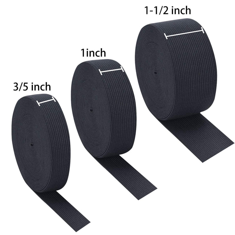 Sunmns 3 Rolls Sewing Stretch Elastic Band Spool, 3/5, 1, 1-1/2 Inch in Width, 5.5 Yards/Roll (Black) Black