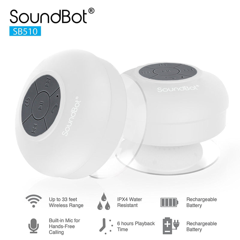 SoundBot SB510 HD Water Resistant Bluetooth 4.0 Shower Speaker, Handsfree Portable Speakerphone with Built-in Mic, 6hrs of Playtime, Control Buttons and Dedicated Suction Cup for Showers (White) WHT