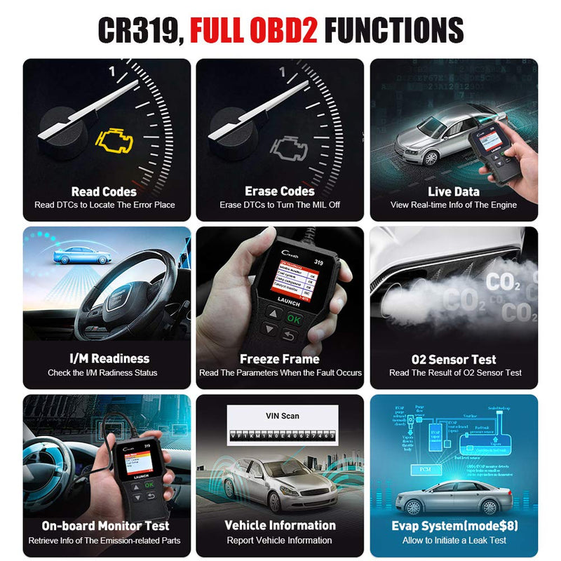 LAUNCH OBD2 Scanner CR319 Check Engine Code Reader with Full OBD2 Functions, Car Engine Fault Code Reader CAN Scan Tool, Supports Mode6 O2 Sensor and EVAP Systems with DTC Lookup
