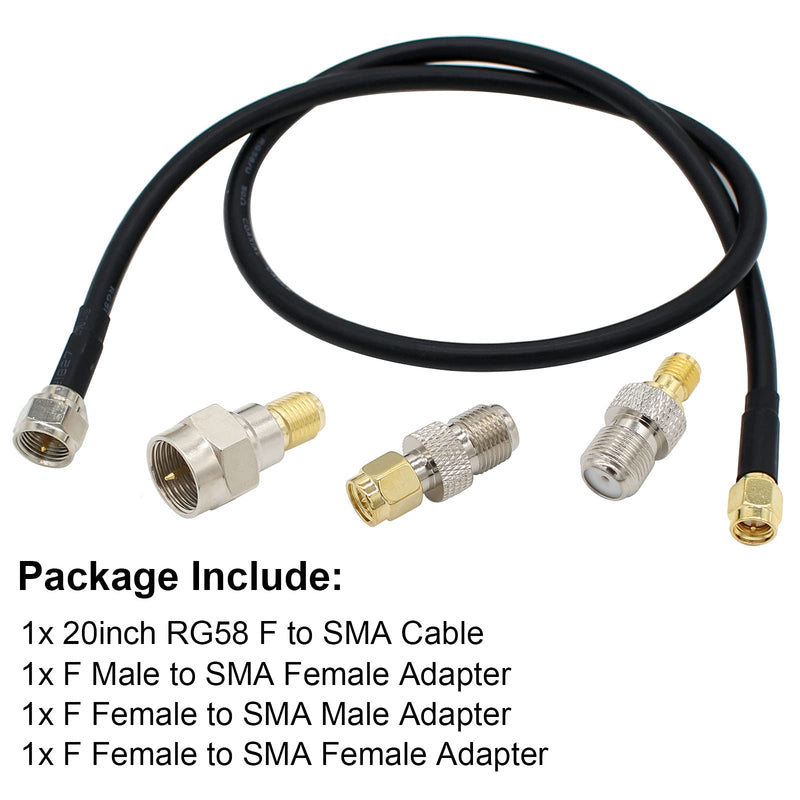 SMA to F Adapter SMA Male to F Type Male 20 inch RG58 Coax Coaxial Extension Cable +3pcs F Type to SMA Male Female Connector