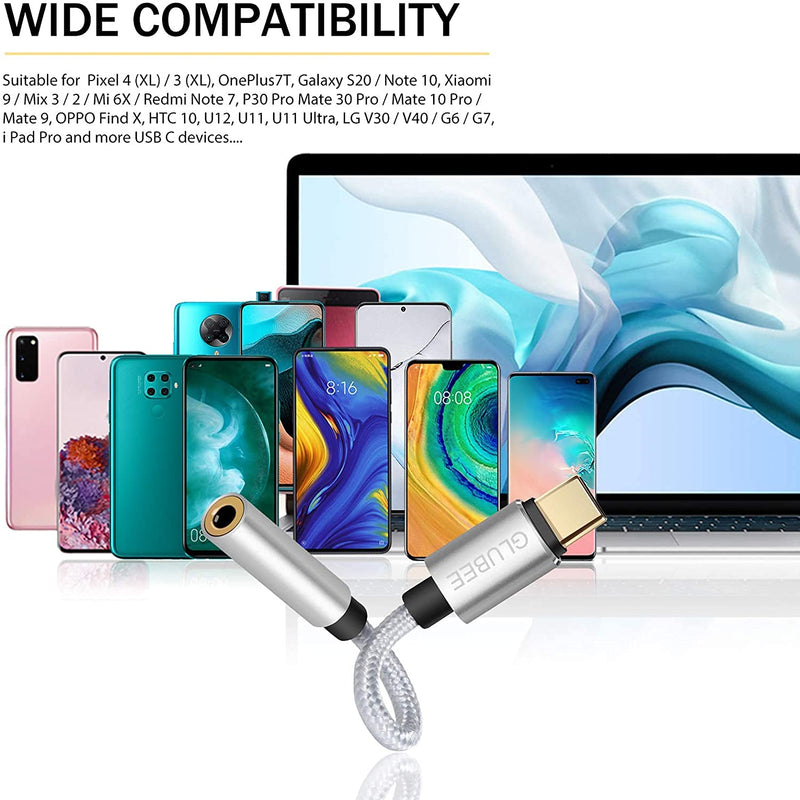 GLUBEE USB C to 3.5MM Headphone Jack Adapter, USB C to Audio, USB Type-C to 3.5MM Adapter Braided Nylon Cable DAC Adapter Compatible with Most USB-C Smart Phones 1 pcs