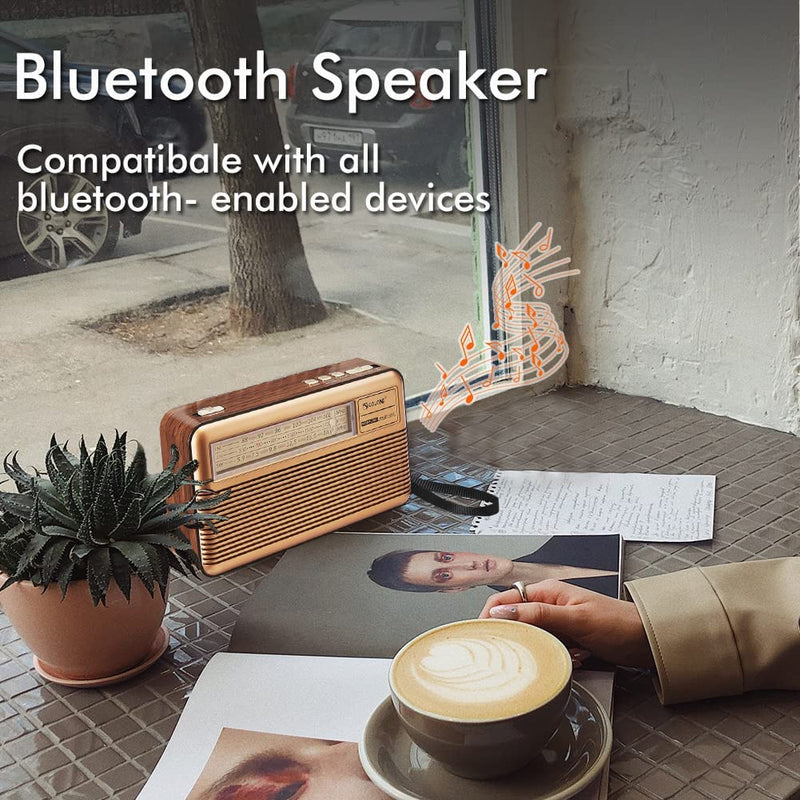 Retro Radio AM FM Shortwave with Bluetooth Speaker, Battery Operated Vintage Radio with Flashlight, Portable Radio with Solar Panel/Aux/USB/TF Card/Input