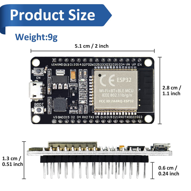 KeeYees ESP32S ESP32 Development Board 2.4 GHz Dual Core WLAN WiFi + Bluetooth 2-in-1 Microcontroller ESP-WROOM-32 Chip for Arduino (30PIN, 2PCS) 30 PIN