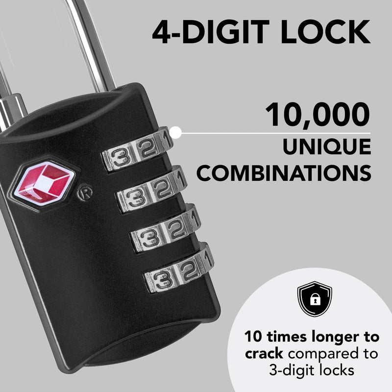 TSA Luggage Locks (2 Pack) - 4 Digit Combination Steel Padlocks - Approved Travel Lock for Suitcases & Baggage - TSA Lock - Black 2 Black & Black