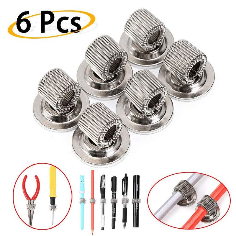 BTSKY 6PCS Stainless Steel Pen Holder Clips- Self Adhesive Pen Pencil Holder Pen Clip Holder with Adjustable Spring Loop Fit any Size Pens Markers Use in Home Office Whiteboard Kitch Car 6