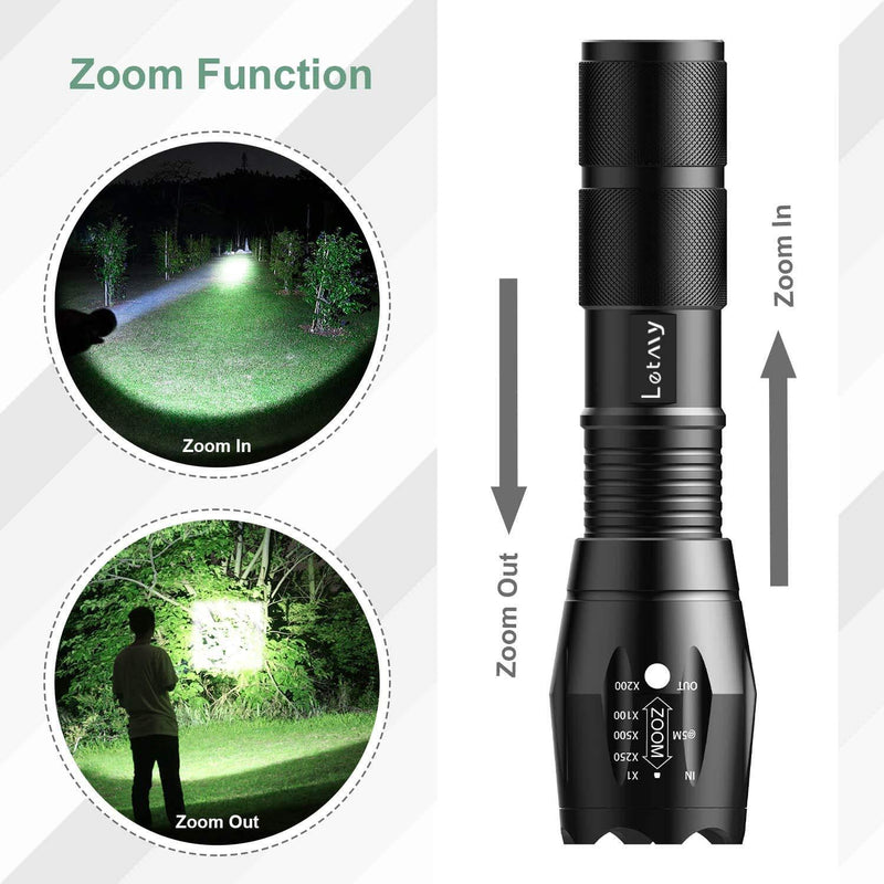 LETMY LED Tactical Flashlight 2 Pack, Ultra Bright Military Grade XML T6 High Lumens Flashlights, Portable Handheld Flash Lights with 5 Modes, Zoomable, Waterproof for Camping Outdoor Emergency