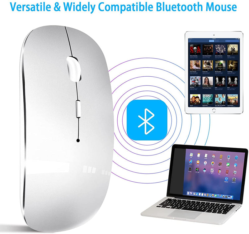 Wireless Mouse for Laptop, Bluetooth Mouse for MacBook Pro/Air/Mac/iPad/Chromebook/Computer -Rechargeale Dual Mode(USB 2.4Ghz + Bluetooth 5.2) Silent Cordless Mouse with USB C Adapter Silver