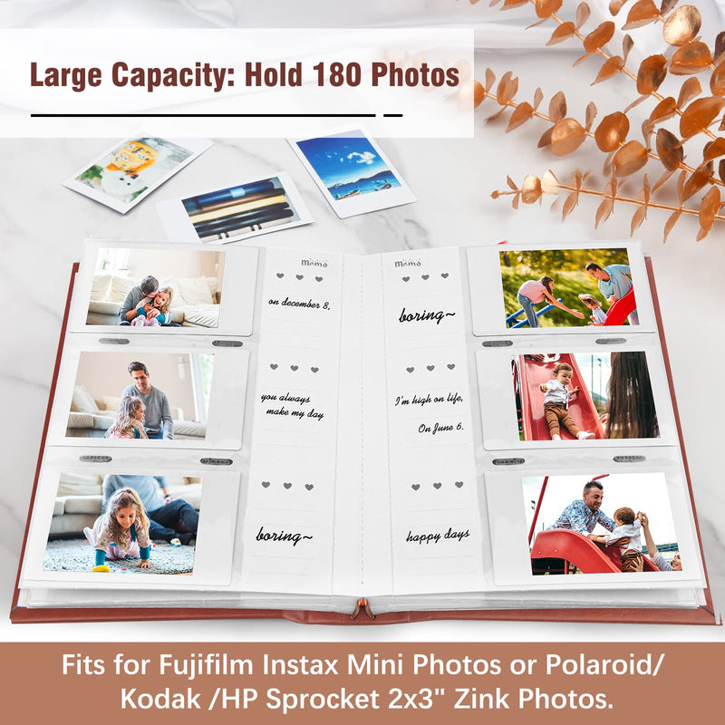 Photo Album for Fujifilm Instax Mini Camera, Polaroid Camera, Instax Photo Album with Memo Areas Mini Polaroid Photo Album Book 180 Pockets for Fujifilm Instax Mini 11 9 8 40 Evo Instant Camera, Brown
