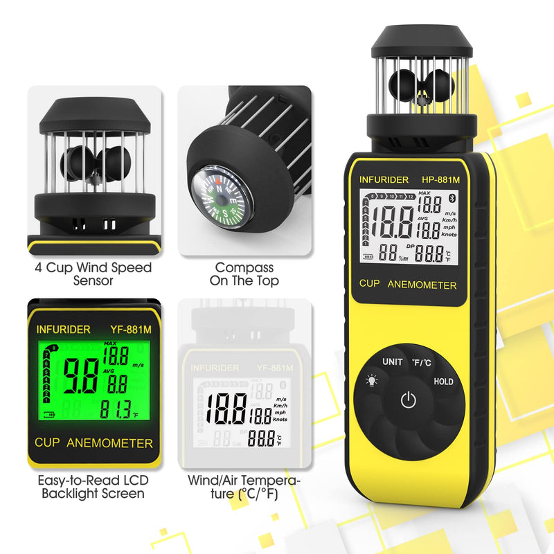Anemometer Handheld Wind Meter Digital, INFURIDER YF-881M Cup Style Wind Gauge Wind Speed Meter for Measuring Wind Speed/Temperature with Compass, Wind Meter for HVAC Shooting Drone