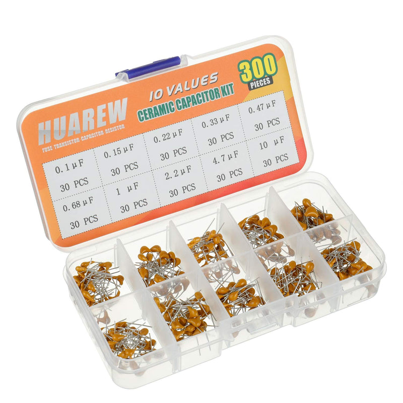 HUAREW 10 values 300 pieces ceramic capacitor 0.1 0.15 0.22 0.33 0.47 0.68 1 2.2 4.7 10 uF / 100-10000 nF classification kit