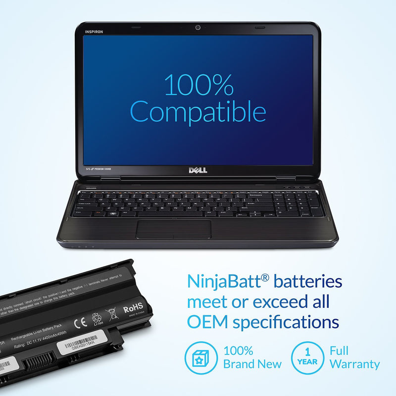 NinjaBatt Battery for Dell J1KND N7110 N5010 N7010 3750 N5110 N4050 9T48V M5030 N5030 3550 N5050 N5040 3520 17R 1540 4T7JN P20G N4010 3420 M5040 15R - High Performance [6 Cells/4400mAh]