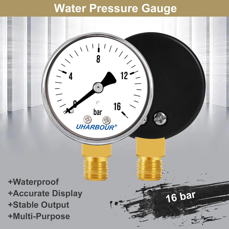 UHARBOUR pressure gauge water 0-16 bar, pressure gauge 1/4 inch, pressure gauge compressed air lower bracket, compressed air pressure gauge 1/4 BSP brass connection