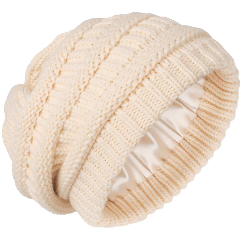Womens Satin Lined Winter Beanie Hats Cable Knit Beanie for Men Silk Lining Thick Chunky Cap Soft Slouchy Warm Hat Yellowbeige