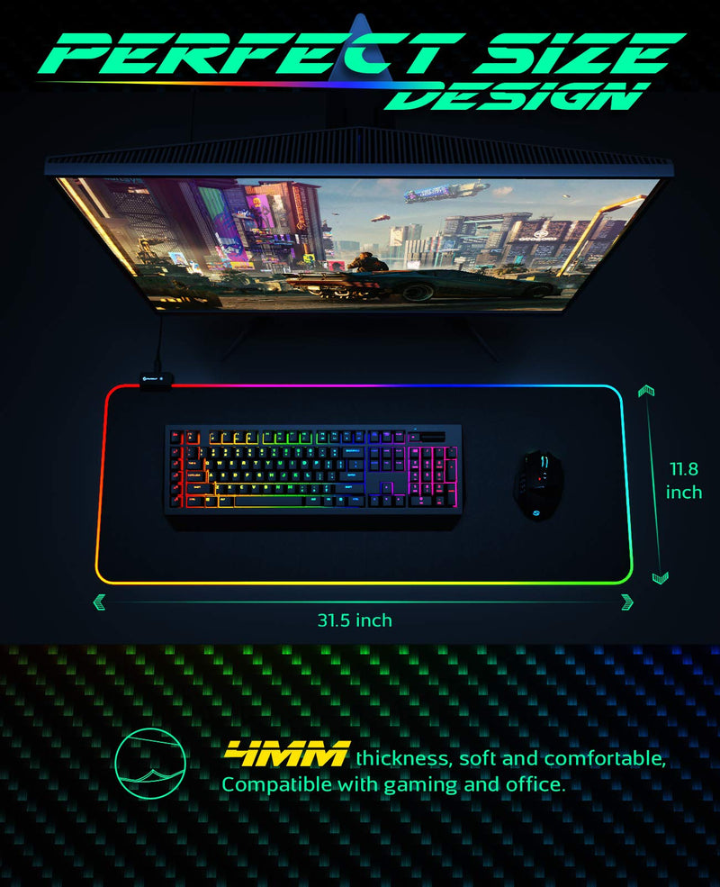 RGB Gaming Mouse Pad, UtechSmart Large Extended Soft Led Mouse Pad with 14 Lighting Modes 2 Brightness Levels, Computer Keyboard Mousepads Mat 800 x 300mm / 31.5×11.8 inches X-Large (31.5" × 11.8") RGB