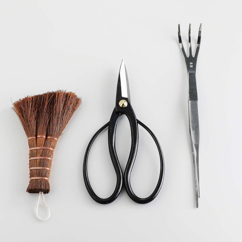 Wazakura Japanese Bonsai Garden 3PCS Tool Starter Kit, Made in Japan, Traditional Bonsai Scissors, Stainless Tweezers with Rake, Chinese Broom. Beginner Set wit Tweezers, Shears and Brush 3PCS Bonsai Set with Bonsai Scissors