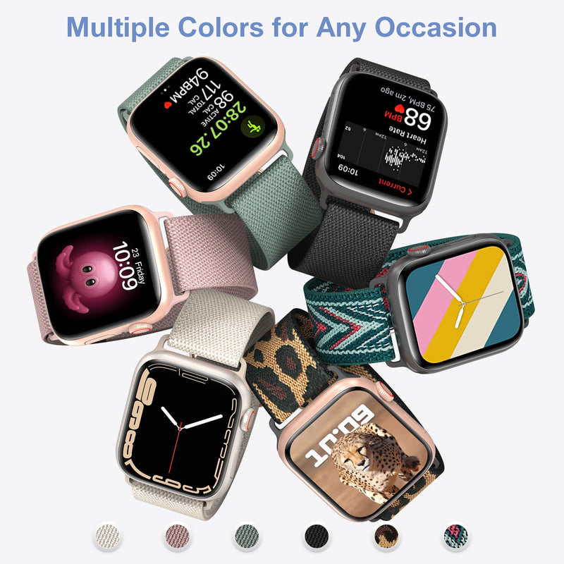 BELONGME 6 Packs Stretchy Nylon Solo Loop for Apple Watch Band Series Ultra SE 8 7 6 5 4 3 2 1 40mm 38mm 44mm 42mm 45mm 41mm 49mm, Women and Men Sport Apple Watch Bands Replacement for iWatch Bands A--Black/Rose Pink/Cactus/Starlight/Leopard/Green Arrow