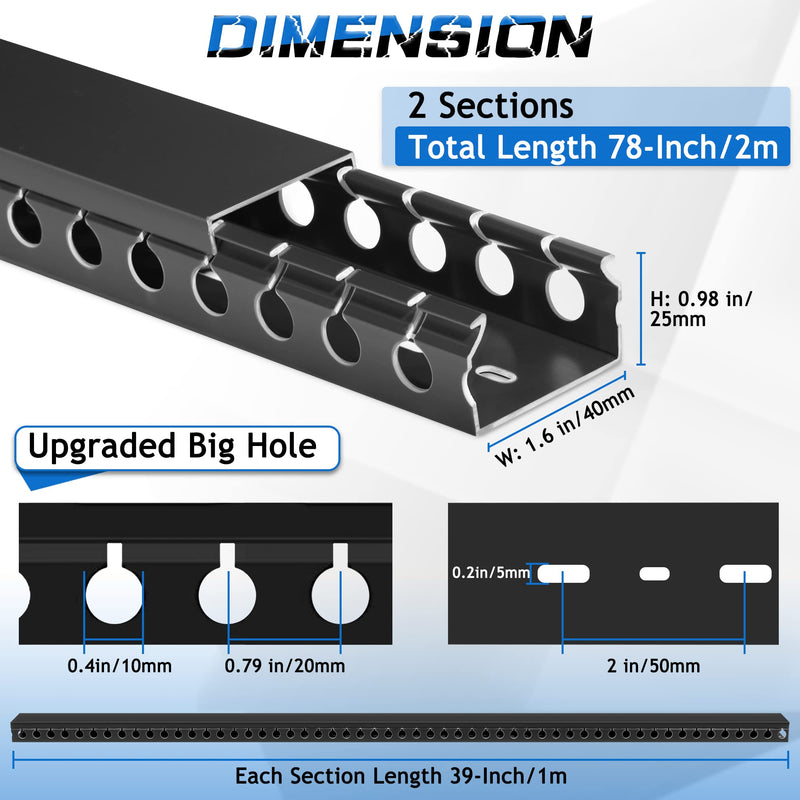 ZhiYo Cable Raceway 78in(2xL39in), Server Rack Cable Management Under Desk Cord Organizer, Electrical Safe PVC Cable Channel Open Slot Wire Raceway for Network/PC/TVs, Wire Duct W1.6 x H1in Black 1.6 in (4 cm) x 1 in (2.5 cm)- L78 in