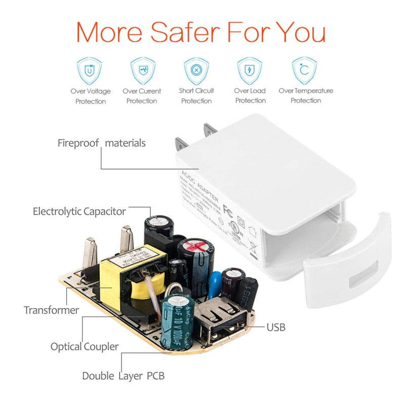Gowoops Power Adapter 5V 2A + Micro USB Cable ON Off Switch White, Universal Travel Charger Power Supply USB Plug Cell Phone Block Cube Compatible with iPhone, iPad, Google Nexus, Samsung and More