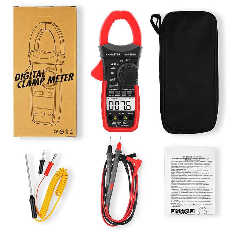 Digital AC DC Inrush Current Clamp Multimeter, 6000 Counts TRMS Auto Range DMM Meter for AC/DC Volt Amp Ohm Temp Duty Hz, Multi-Tester for Voltage Current Resistance Capacitance (ANNMETER AN-570N) 6000 counts & Inrush