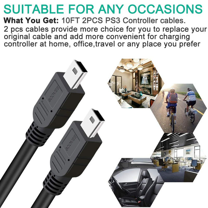 PS3 Controller Cord,SCOVEEã€2 Pack 10ftã€‘ PS3 Charger Cable for Sony Playstation 3 / PS-3 Slim SixAxis Controller,PS3 Charging Cord,PS3 Charging Cable,PS Move DualShock 3 Remote Charge Wire
