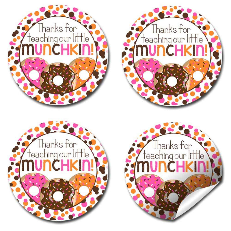 Our Little Munchkin Donut Themed Teacher Appreciation Thank You Sticker Labels, 40 2" Party Circle Stickers by AmandaCreation, Great for Envelope Seals & Gift Bags