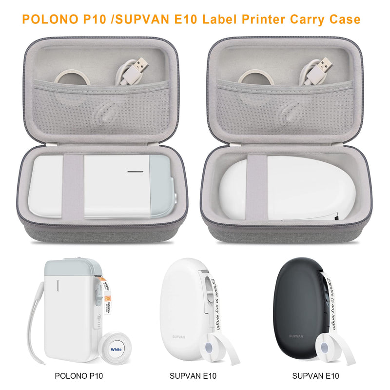 Elonbo Label Maker Case for SUPVAN E10 Mini Bluetooth Label Printer/POLONO P10 Mini Label Printer, Extra Interior Mesh Pocket Fits Label Paper Cable, Grey. CASE ONLY! (Label Maker not Included)