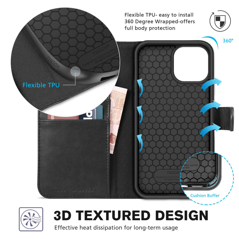 TUCCH Case for iPhone 13 Pro Wallet Case, Protective [TPU Shockproof Inner Shell], PU Leather [RFID Blocking] Card Holder Magnetic Stand Folio Cover Compatible with iPhone 13 Pro 6.1-inch 2021, Black