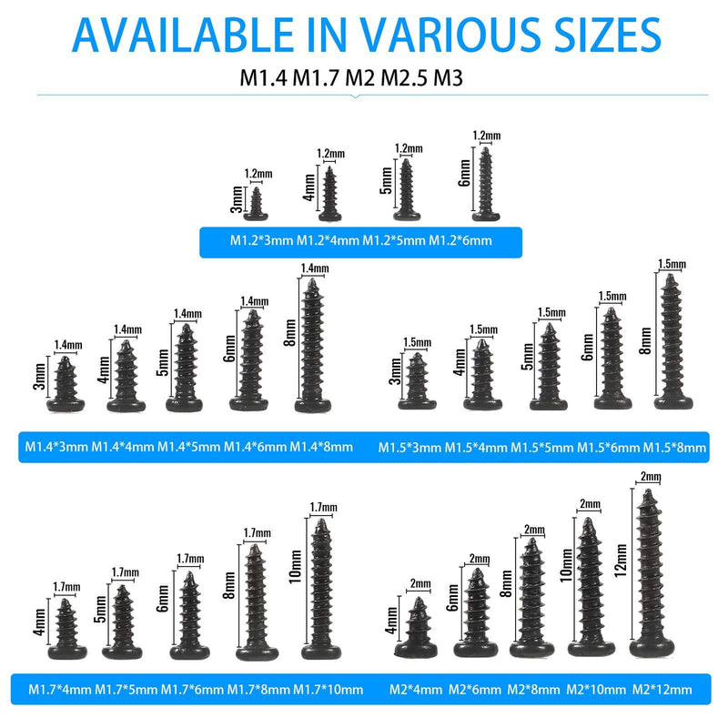 MEIYYJ 1100pcs Round Pan Head Tapping Screws Laptop Notebook Computer Screws Kit,M1.2,M1.4,M1.5,M1.7,M2 countersunk Phillips Mini Screw Set for Electronic Repair (1100PCS)