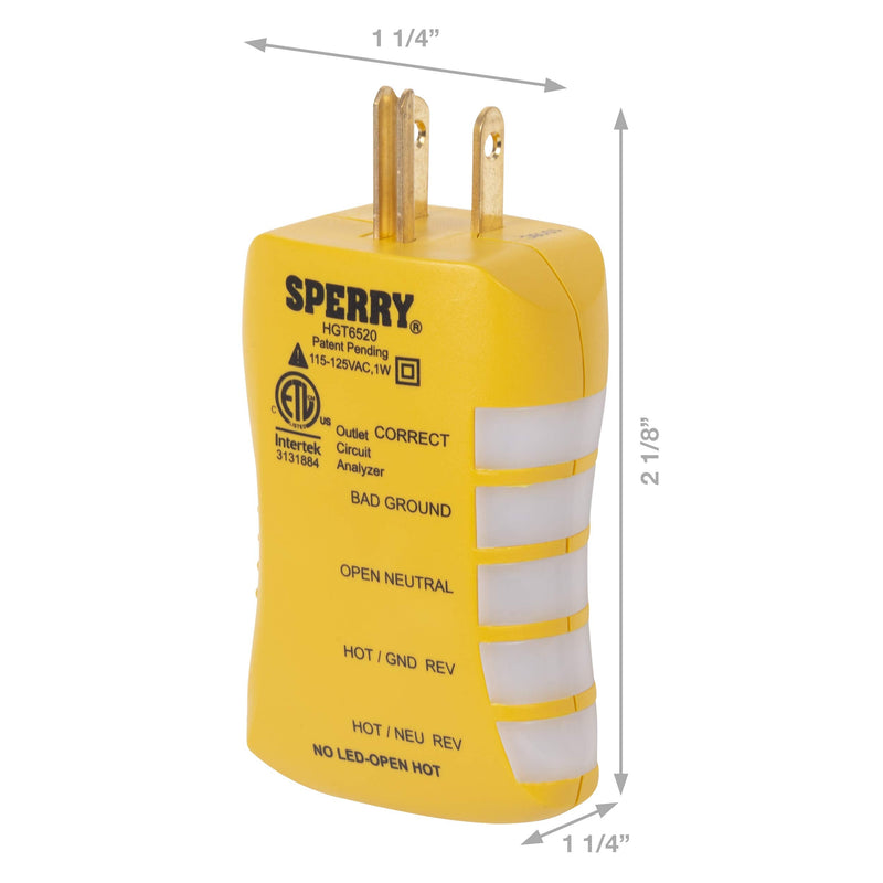 Sperry Instruments HGT6520, Stop Shock II-Single, DIY Testing-120V AC, 3 Color LED Indicator, Comfort Grip, Patented GFCI Outlet Tester, Yellow
