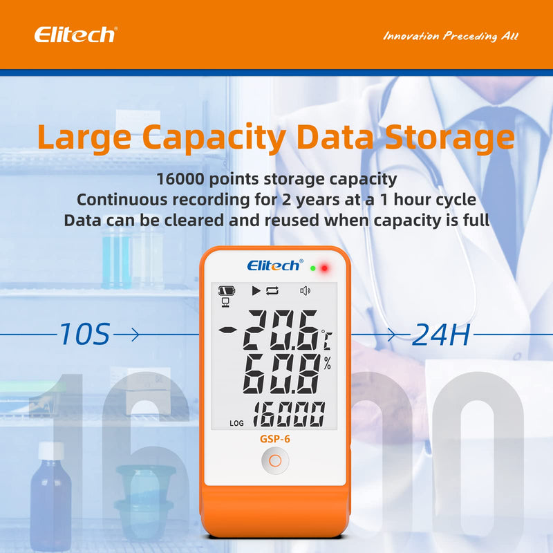 Elitech GSP-6 Temperature Data Logger Temperature Humidity Data Logger 16000 Points Recording Capacity Detector, Free Software Data Export