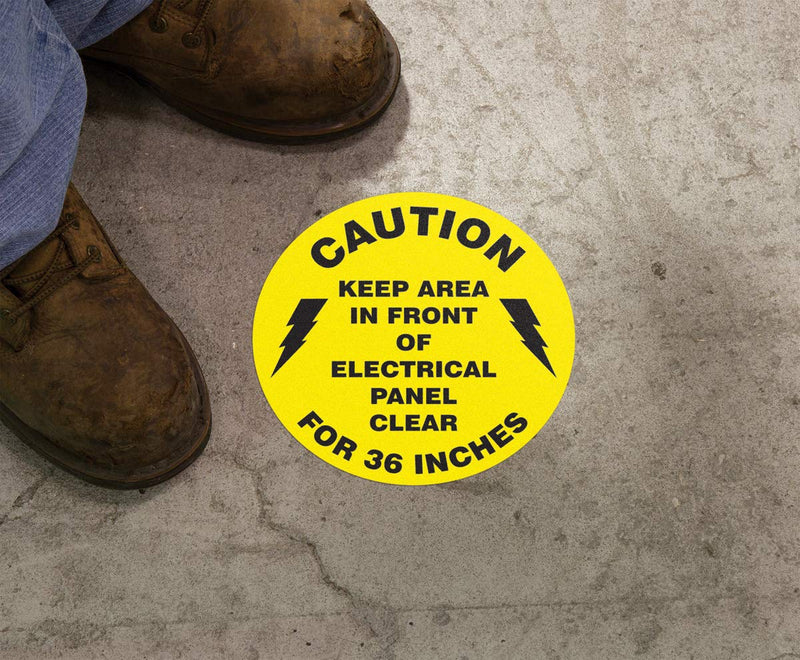 Accuform Signs MFS865 Slip-Gard Adhesive Vinyl Round Floor Sign, Legend"Caution Keep Area in Front of Electrical Panel Clear for 36 INCHES", 8" Diameter, Black on Yellow