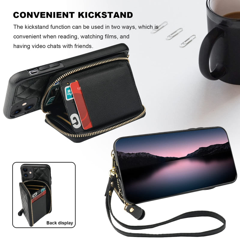 Bocasal Crossbody Wallet Case for iPhone 11, RFID Blocking PU Leather Zipper Handbag Purse Flip Cover, Kickstand Folio Case with Card Slots Holder Wrist Strap Lanyard 6.1 Inch (Black) Black