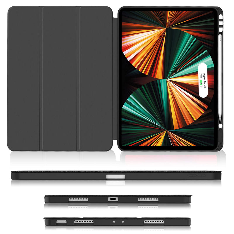 Soke New iPad Pro 12.9 Case 2021 with Pencil Holder - [Full Body Protection + 2nd Gen Apple Pencil Charging + Auto Wake/Sleep], Soft TPU Back Cover for 2021 iPad Pro 12.9 inch(Black) Black