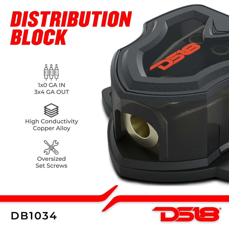 DS18 DB1034 Distribution Ground Block - 1 x 0GA In/ 3 x 4GA Out, Nickle Plated Internal Material, High-Strength Heat Resistant Plastic Housing, Oversized Set Screws for Secure Connections (1 In 3 Out) Single 1X0GA in - 3X4GA Out Standard Packaging