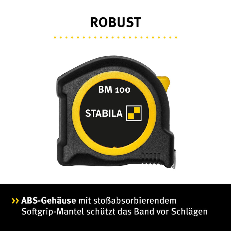 STABILA pocket tape measure BM 100, 5 m, tape measure with metric scale, shatterproof ABS housing, movable starting hook, belt clip, MID accuracy