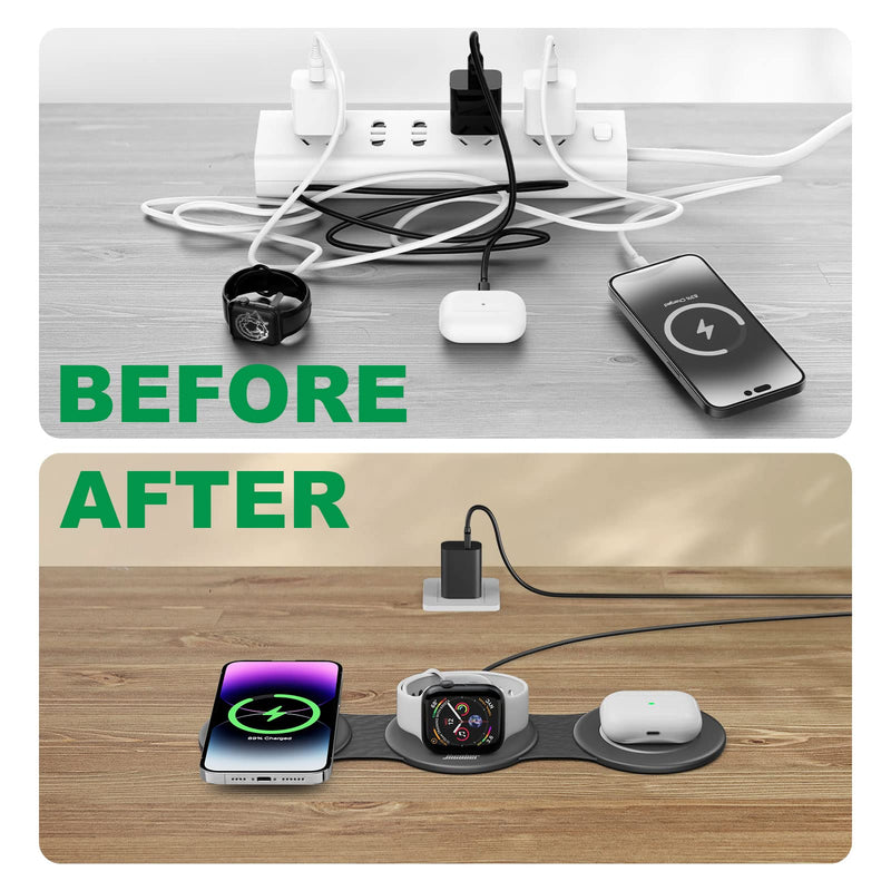Travel 3 in 1 Charging Station for Apple Magsafe Charger, Hicober Foldable Wireless Charger Stand Compatible for iPhone Multiple Devices Apple Watch/iWatch/Airpods/iPhone 14 13 12 Pro Max Black