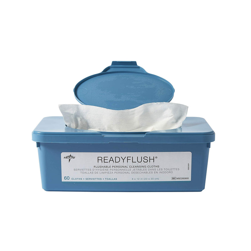 Medline ReadyFlush Large Adult-Sized 8x12 Personal Cleansing Cloths - Tub of 60 Flushable Wipes Standard