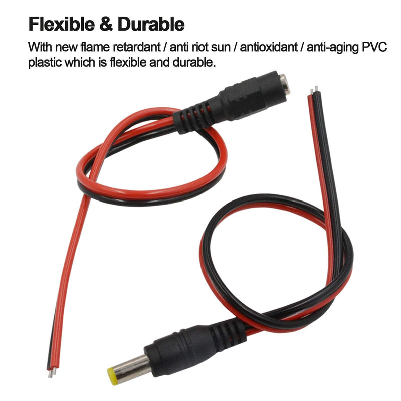 (Real 18AWG 43x2pcs Strands) 10 Pairs DC Power Pigtail Cable 12V 5A Male & Female + 10 Pairs DC Power Jack Plug Adapter Connector for CCTV Home Security Surveillance by MILAPEAK (2.1mm x 5.5mm)