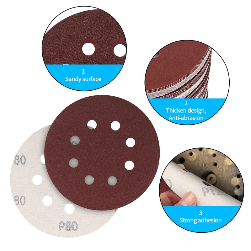 Pack of 15 sandpaper 125 mm Velcro, 80 grit sanding discs, 8 holes round Velcro sandpaper for eccentric sanders wood, metal, paint