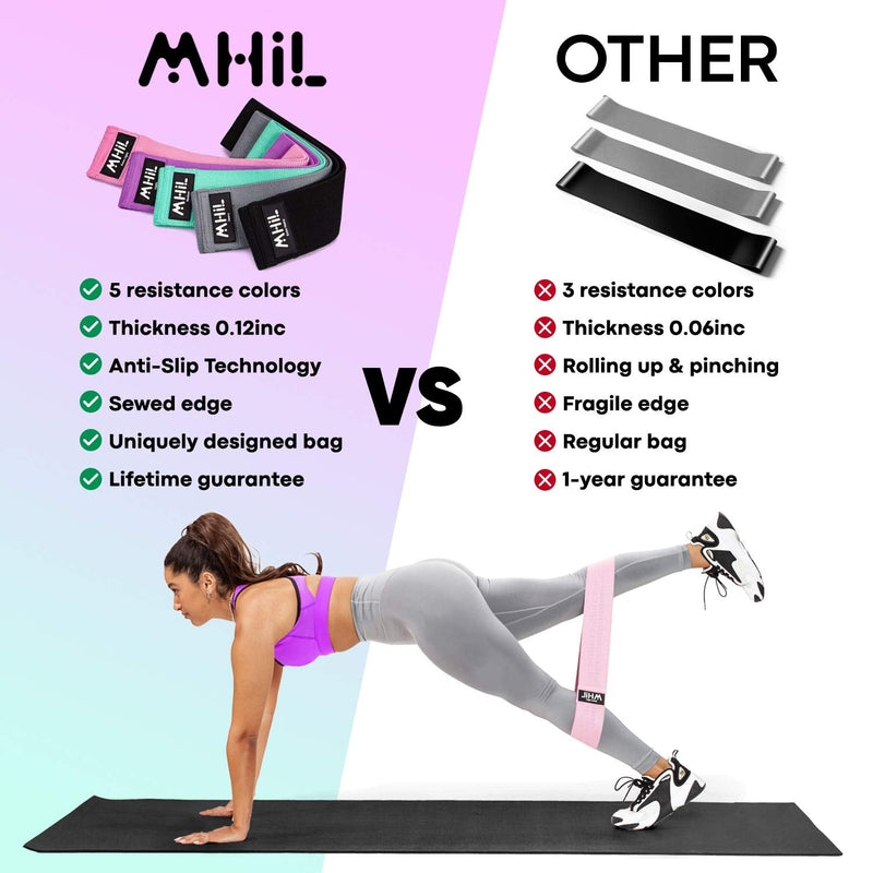 MhIL 5 Resistance Bands Set - Best Exercise Bands, Booty Bands for Women and Men, Workout Bands for Working Out Legs, Butt, Glute- Stretch Fitness Bands for Gym, Weights & Squats, Thick Elastic Fabric Pink, Purple, Green, Grey, Black