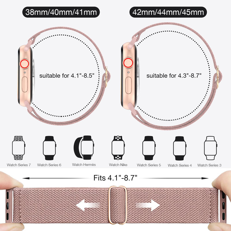 BELONGME 6 Packs Stretchy Nylon Solo Loop for Apple Watch Band Series Ultra SE 8 7 6 5 4 3 2 1 40mm 38mm 44mm 42mm 45mm 41mm 49mm, Women and Men Sport Apple Watch Bands Replacement for iWatch Bands A--Black/Rose Pink/Cactus/Starlight/Leopard/Green Arrow