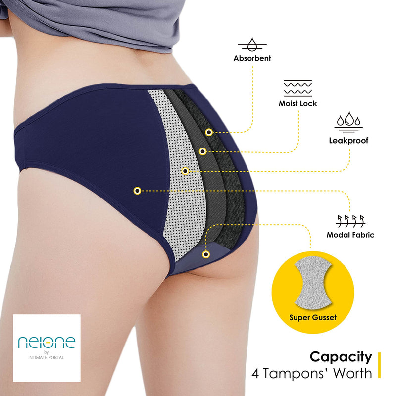 Neione Period Underwear | Menstrual Leakproof Panties | Hi Cut Bikinis | Moderate Absorbency X-Small 3-pk Black Tiga