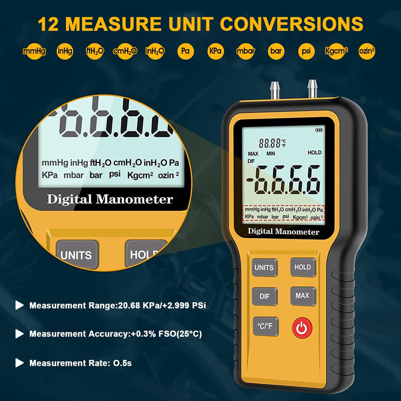 Manometer, Professional Air Pressure Gauge, Handheld HVAC Manometer 12 Selectable Units Differential Pressure Display, Dual Port Manometer Gas Pressure Tester with Backlight (Battery Included) Yellow