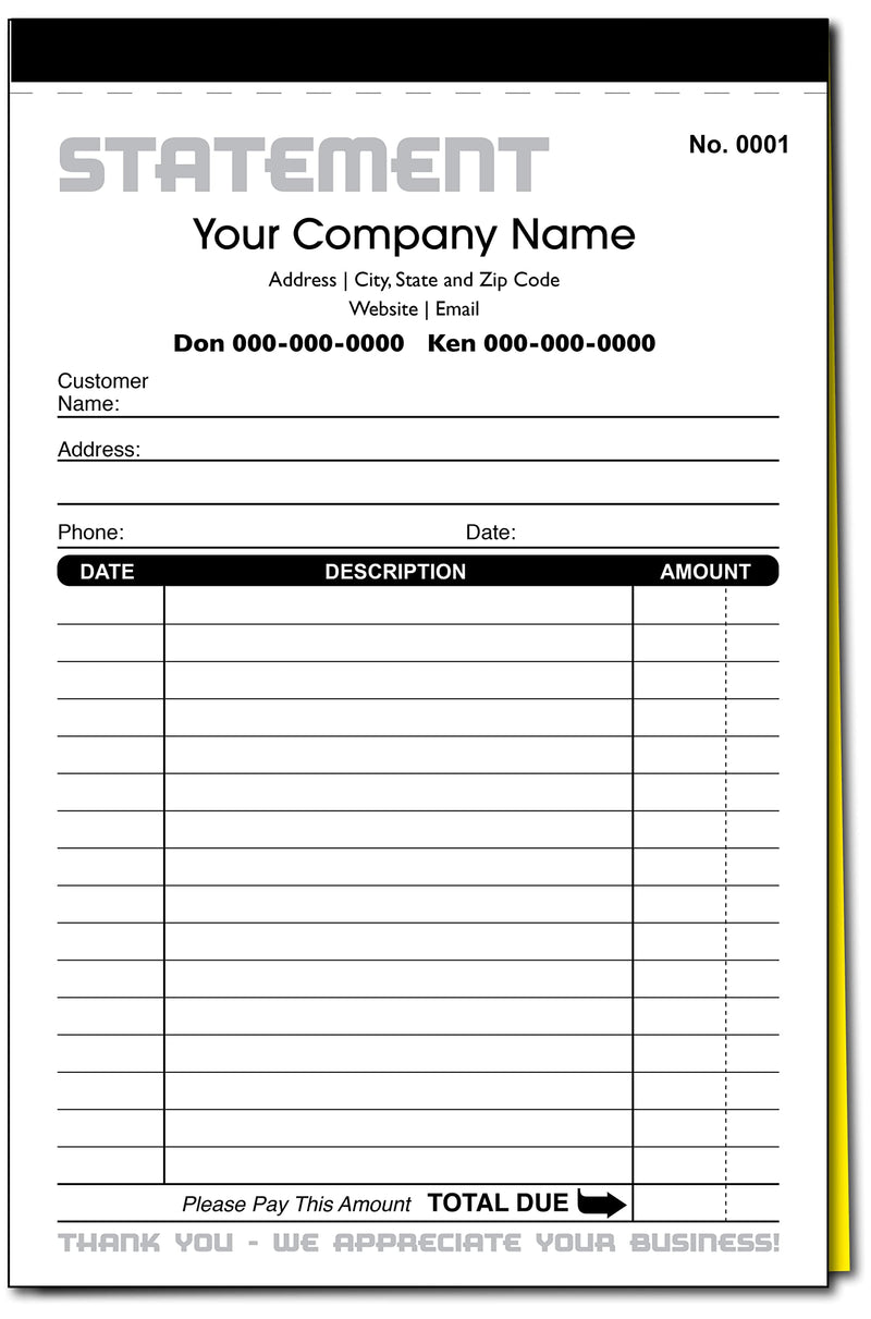 Custom Statement - Personalized Duplicate Carbonless Form with Your Company Name - 2 Books (100 Sets) Numbered