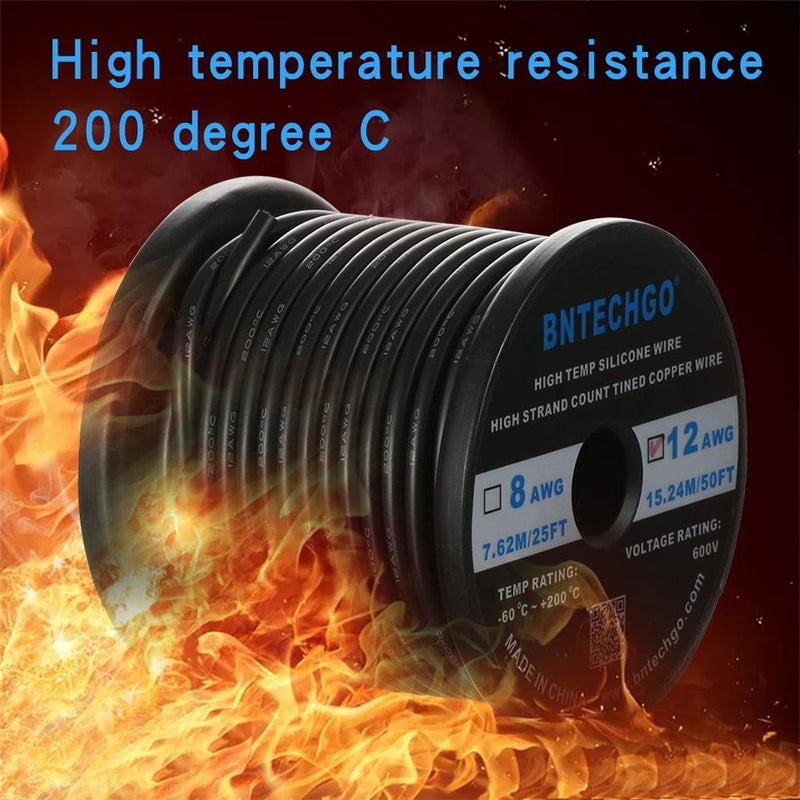 BNTECHGO 12 Gauge Silicone Wire Spool 50 ft Black Flexible 12 AWG Stranded Tinned Copper Wire silicone wire 50ft silicone wire black