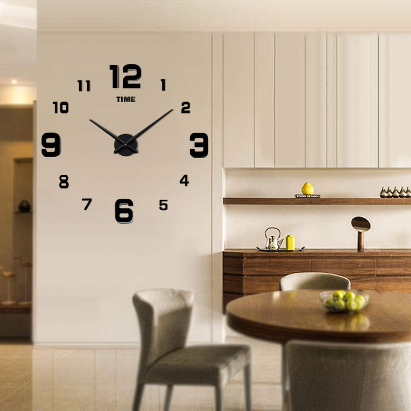Mintime Modern Frameless DIY Wall Clock Large 3D Wall Watch Mirror Numbers for Home Office Decorations Black-005